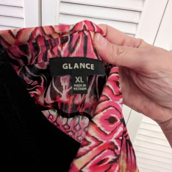 Glance Top Womens sz XL Multi Geometric Pattern Sheer Tunic TabSleeve Pink Green - Picture 3 of 9